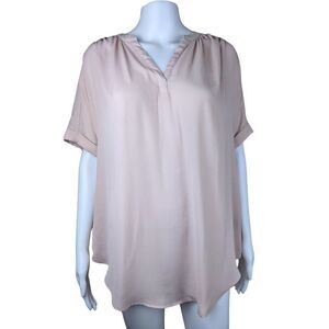 Worthington Small Solid Light Pink Short Sleeve V Neck Sheer Formal Blouse